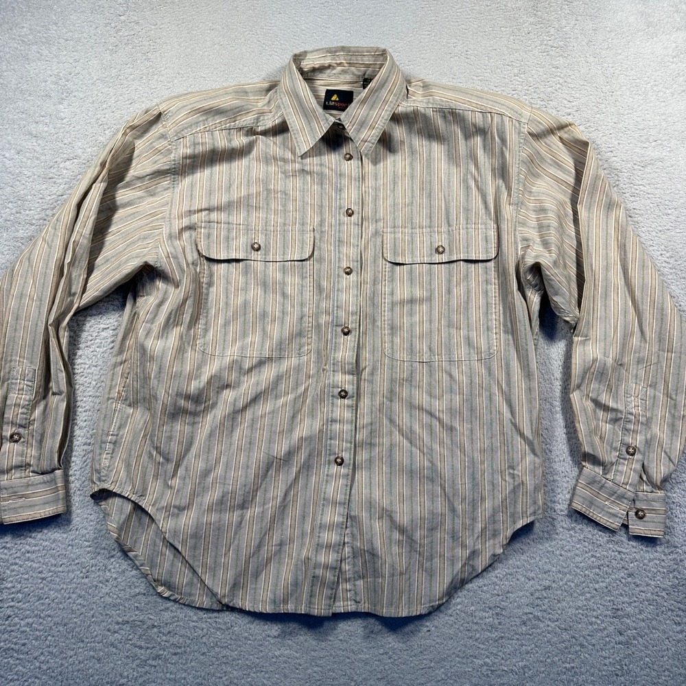 Vintage Lizsport‎ Petites Striped Button Down Shirt Womens M Petite 100% Cotton